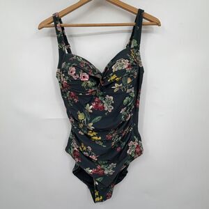 Nip Tuck Swim Black Pink Ruched Floral Multi Fit Cup One Piece Swimsuit Size 8